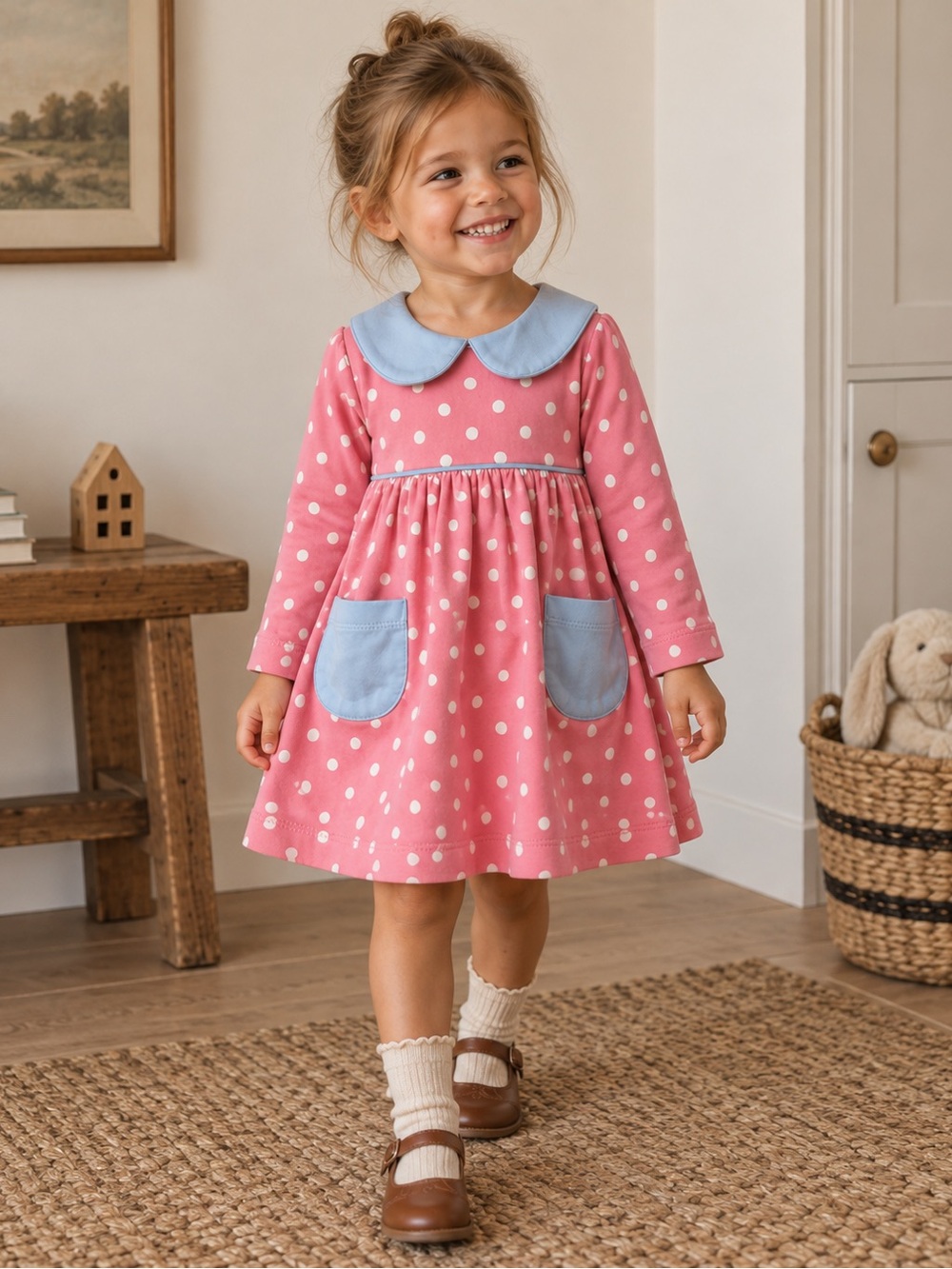 Luigi Kids Girls Pink Polka Dot Peter Pan Collar Dress 3T